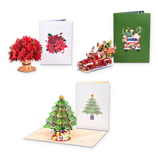 The Christmas Keepsake Gift Set of 3 Keepsake pop-up cards, Poinsettia, Santa's Truck and Christmas Tree, each shown with its cover.