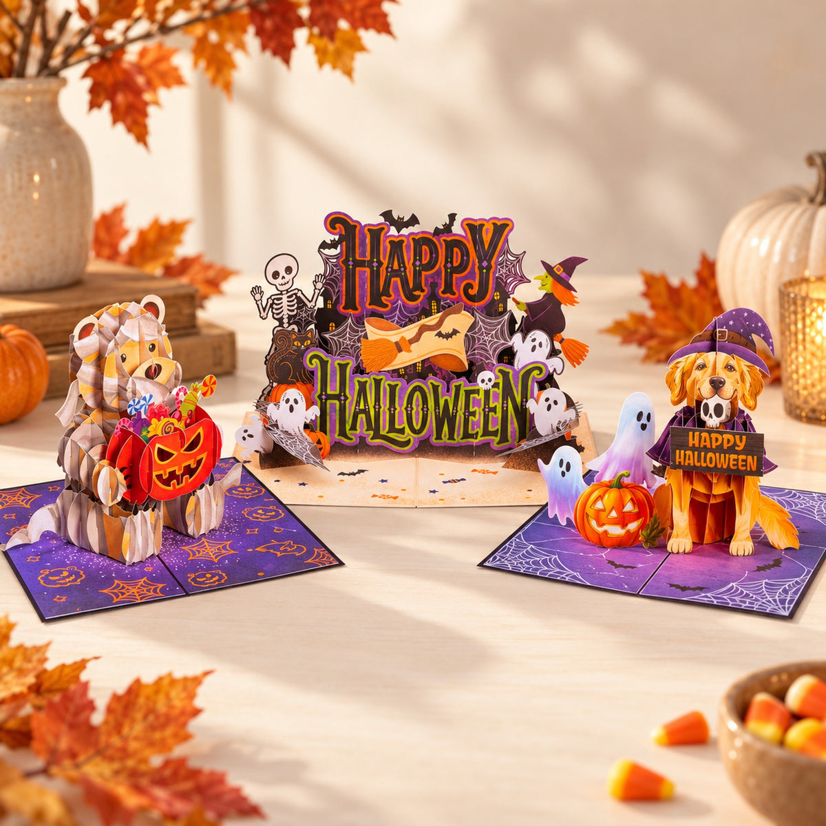 Halloween 3-pack pop-up card bundle — Bear, Dog, and Happy Halloween open on cream table (lifestyle)