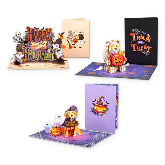 The Halloween bundle of 3 Halloween pop-up cards, Happy Halloween, Halloween Bear and Halloween Dog, each shown open beside its cover.
