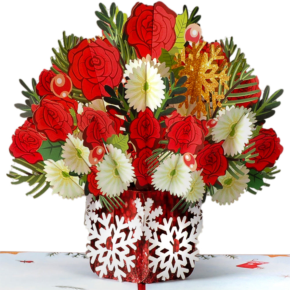 christmas flowers popup greeting card, with red, gold, and white florals