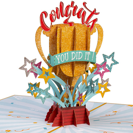 trophy pop up greeting card with "congrats you did it!" going across