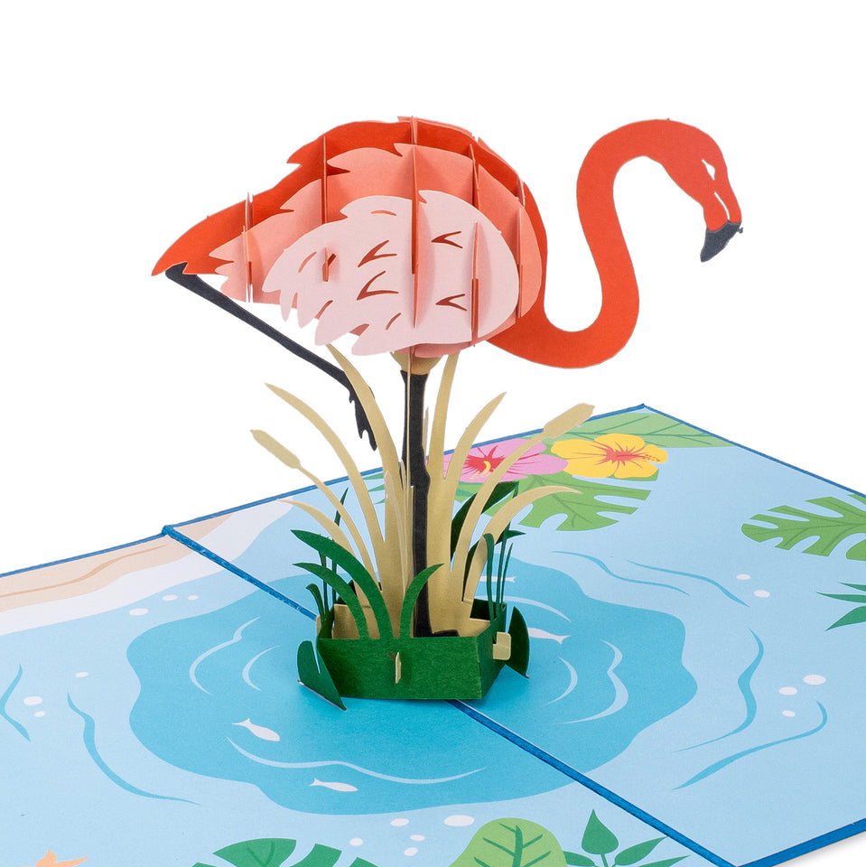 flamingo in a pond pop up greeting card