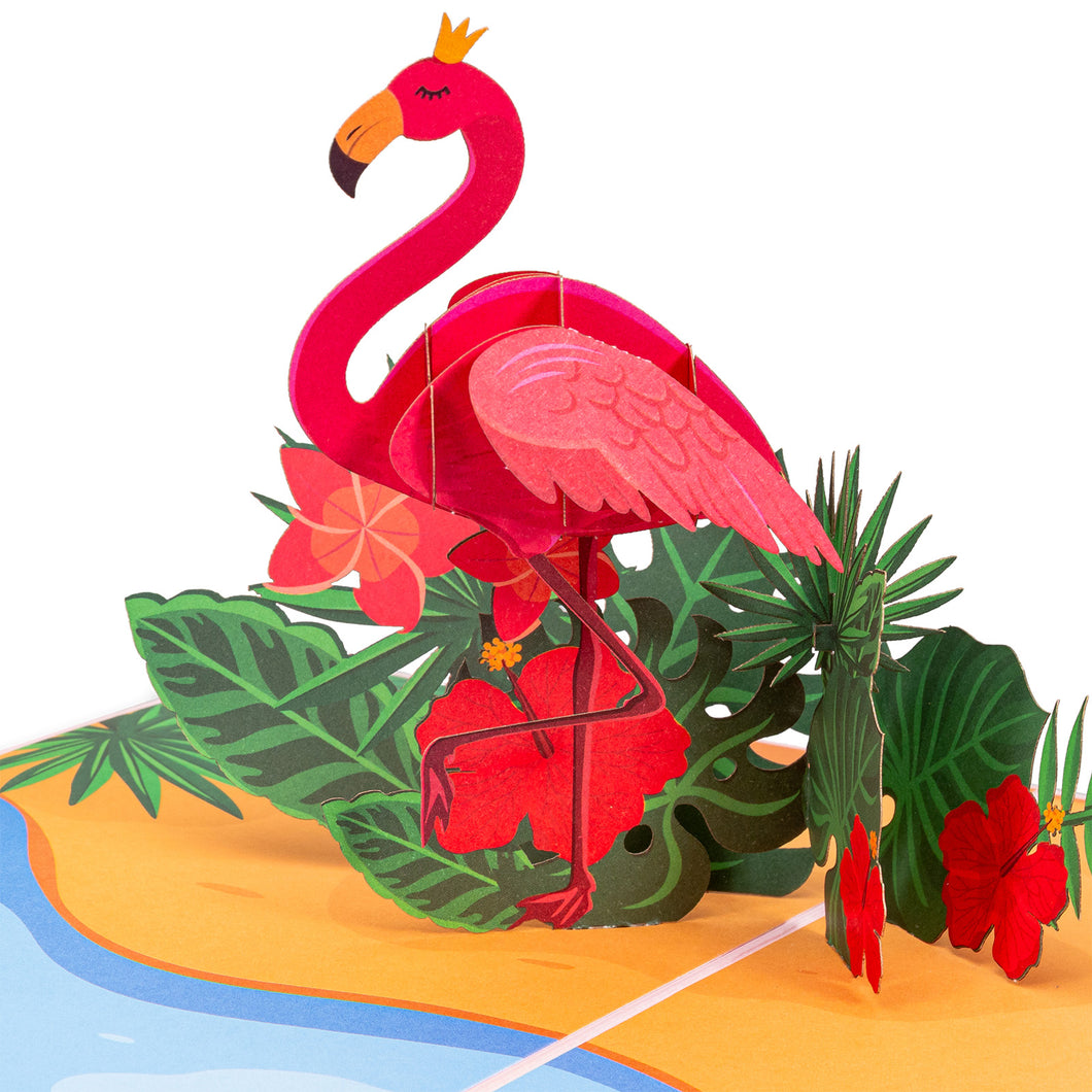 flamingo on the beach pop up greeting card